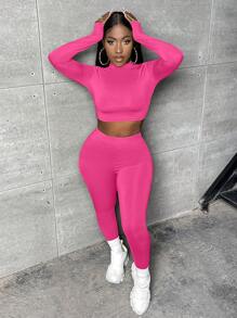 Slaydiva Solid Crop Tee & Leggings - Hot Pink - View 3