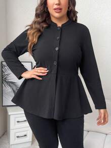 SHEIN Clasi Plus Button Front Peplum Blouse - Black - View 1