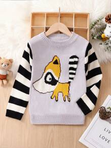 Young Boy Striped & Cartoon Pattern Sweater
