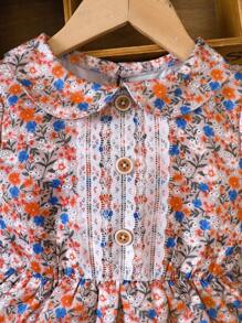 SHEIN Young Girl Ditsy Floral Print Lace Insert Layered Ruffle Hem Dress - Multicolor - View 3