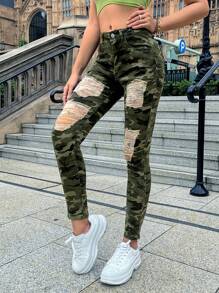 Women Camouflage Ripped Stretch Skinny Leggings - Army Green - View 1