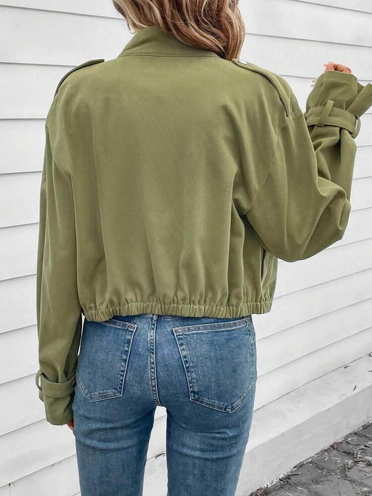 Zip Up Flap Pocket Drop Shoulder Jacket