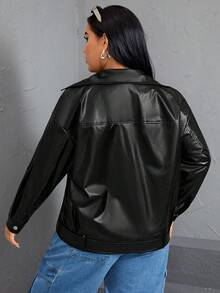 SHEIN EZwear Plus Zip Up Belted PU Leather Moto Jacket - Black - View 2