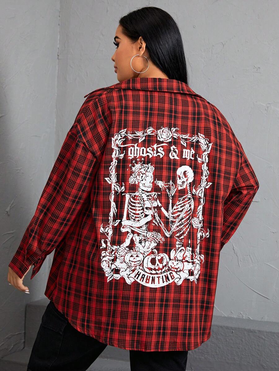 SHEIN EZwear Plus Plaid & Skull Print Drop Shoulder Shirt - Multicolor - View 1