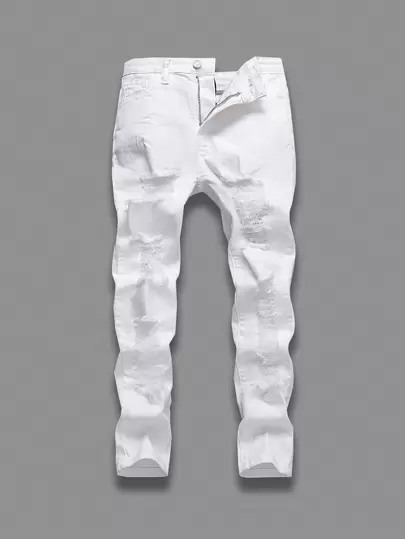 Tween Boys' Casual Fashionable White Distressed  Jeans, School, Campus, College Summer Holiday