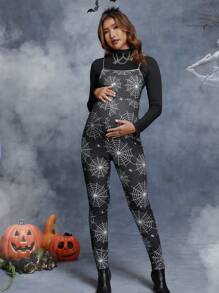 SHEIN Maternity Halloween Spider Web Print Unitard Jumpsuit Without Top - Black - View 5
