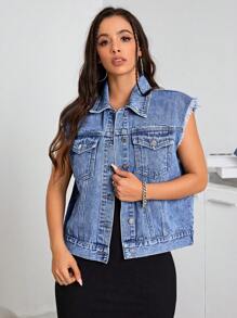 SHEIN EZwear 字母圖案毛邊緣馬甲牛仔夾克 - 中等水洗藍 - 查看 3