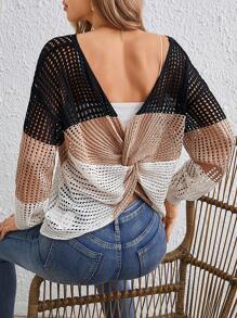 SHEIN VCAY 撞色後扭結落肩袖網眼針織套頭毛衣 - 彩色 - 查看 1