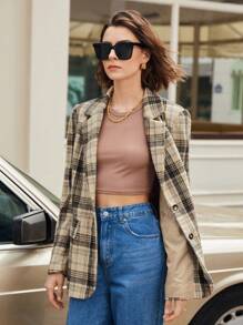 BizChic Plaid Print Lapel Neck Blazer - Brown - View 1