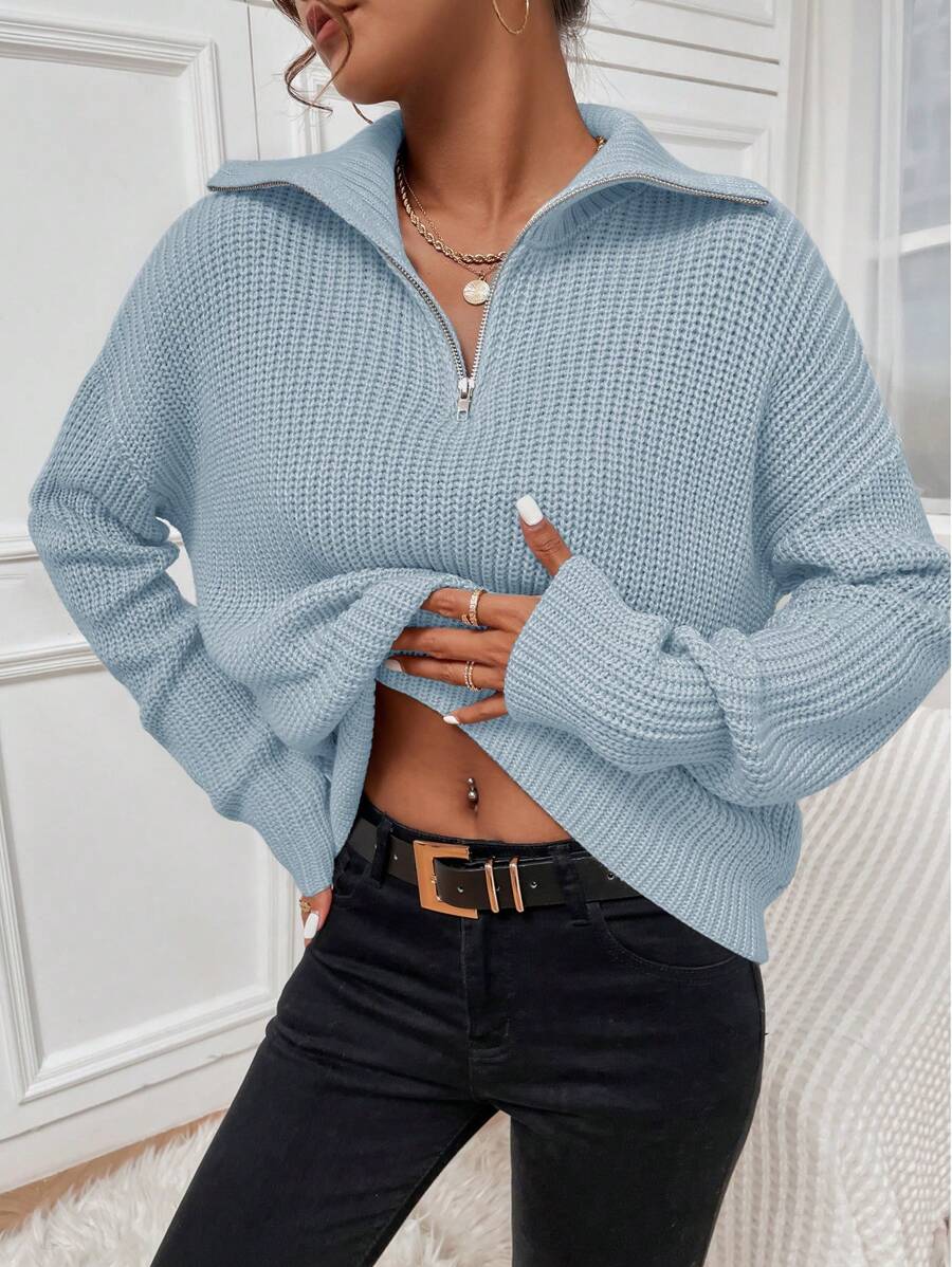 SHEIN Unity Half Zip Drop Shoulder Ribbed Knit Pullover Fall Winter Sweater - Baby Blue - View 1
