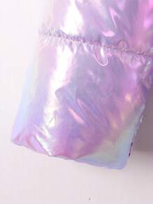 SHEIN Tween Girl Flap Pocket Fuzzy Trim Hooded Holographic Padded Coat