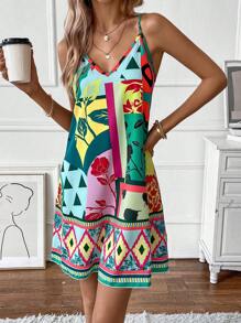 EMERY ROSE Vestido de tirantes geométrico & floral con estampado de retazo