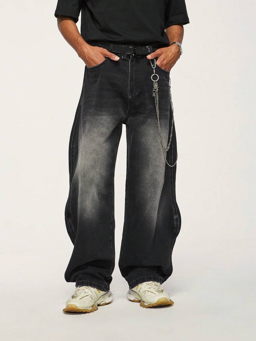 INFLATION Quần jeans ống rộng thiết kế gợn sóng bỏ túi cho nam, phong cách Grunge - màu đen - Xem 1