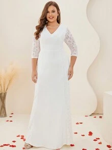Plus Contrast Lace Zip Back Mermaid Wedding Dress - White - View 6
