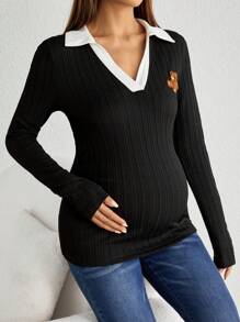 SHEIN Maternity Bear Patched Contrast Collar Tee - Black - View 5