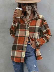 SHEIN LUNE 格纹印花落肩衬衫、长袖上衣 - 橘色 - 查看 3