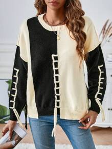 SHEIN LUNE Two Tone Lace Up Front Drop Shoulder Sweater