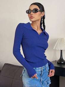 DAZY Solid Ribbed Knit Sweater,Long Sleeve Tops,Fall Clothes - Royal Blue - View 2