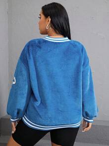 SHEIN EZwear 加字母刺繡落肩泰迪衛衣 - 藍色 - 查看 2