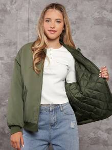 Teenager Mädchen Bomberjacke mit Reißverschluss, Drop Shoulder