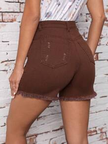 SHEIN Essnce Rách Raw Hem Rách Quần short Denim - Rỉ Nâu - Xem 1