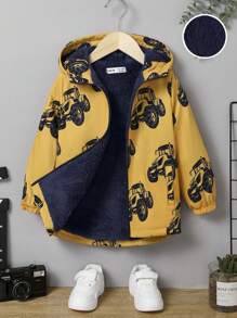 SHEIN Young Boy Car Print Teddy Lined Hooded Coat - Yellow - View 7