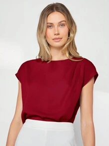 BizChic Áo sơ mi nữ tay cánh dơi bất đối xứng, màu trơn, kiểu dáng cơ bản phù hợp cho công sở, thời trang tối giản, thanh lịch, thích hợp cho văn phòng hoặc làm giáo viên. - Màu Đỏ Sâu - Xem 4