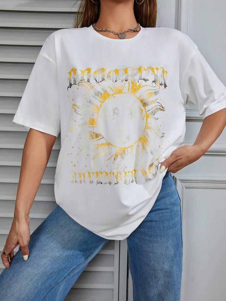 Sun & Letter Graphic Drop Shoulder Tee