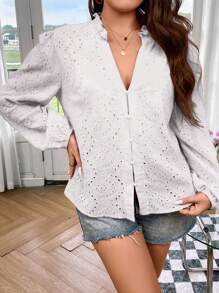 SHEIN LUNE Plus Eyelet Embroidery Lantern Sleeve Blouse - White - View 5