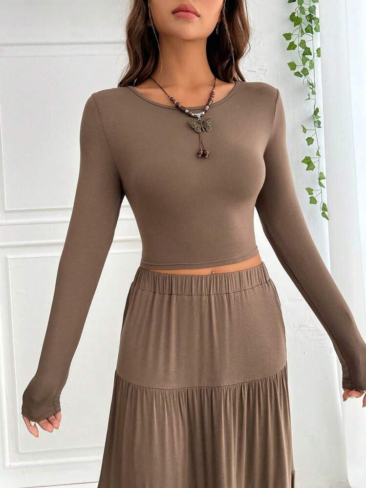 SHEIN EZwear אאוטפיט שני חלקים לנשים - חום - ראה 3