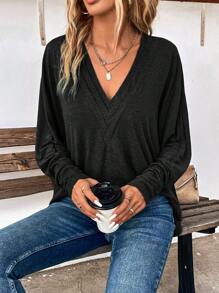 SHEIN LUNE 純色蝙蝠翼袖 V 領T恤 - 黑色 - 查看 5