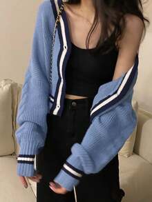Contrast Stripe Trim Drop Shoulder Cardigan,Long Sleeve Tops - Blue - View 3