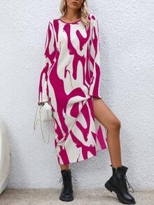 SHEIN LUNE Graphic Print Bell Sleeve Dress - Red - View 6