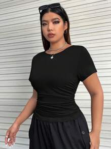 SHEIN EZwear Plus Solid Ruched Side Tee - Black - View 5