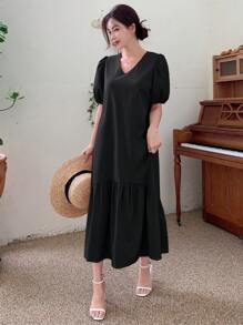 DAZY 纯色泡泡袖荷叶边下摆连衣裙太阳裙 - 黑色 - 查看 4