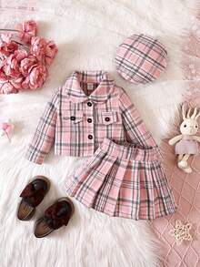 女嬰格紋印花翻蓋細節夾克&百褶半身裙&帽 - 藕粉色 - 查看 3