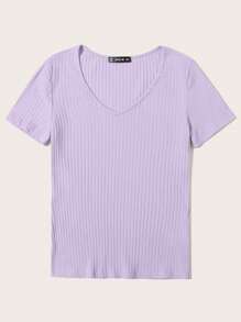 SHEIN Essnce Cổ chữ V Gân đan Áo phông trơn - Màu tím hoa cà - Xem 3