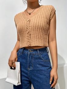 SHEIN Unity Áo len crop top không có nút phía trước - Màu Khaki - Xem 6
