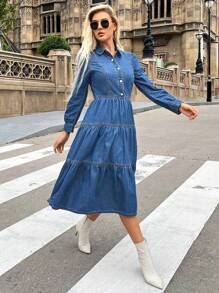 SHEIN Privé 正面鈕扣荷葉邊下擺牛仔洋裝 - 中等水洗藍 - 查看 3