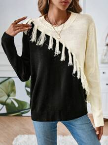 SHEIN LUNE Two Tone Fringe Trim Knit Pullover Fall Winter Sweater - Black and White - View 3