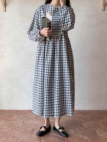 DAZY Vestido smock de guingán ribete con fruncido - Negro - Ver 4