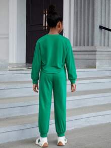 Cô gái Tween Chất rắn Thả vai Áo chui đầu và quần thể thao - Màu xanh lam - Xem 2