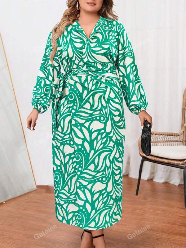 Große Größe Kleid mit Gürtel, All Over Print Laternenärmeln