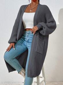 EMERY ROSE Dual Pocket Drop Shoulder Cardigan,Long Sleeve Tops Fall Winter Cloth For Women - Dark Grey - View 7