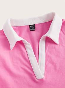 SHEIN EZwear Contrast Collar Crop Tee - Pink - View 4