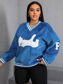 SHEIN EZwear 加字母刺繡落肩泰迪衛衣 - 藍色 - 查看 1