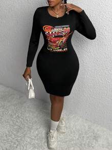 Slaydiva Talla grande Vestido ajustado con estampado de coche y letra - Negro - Ver 3