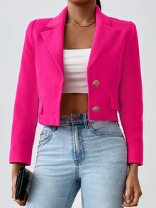 EURMUSE Cổ áo Chi tiết về Flap Crop Blazer - Hồng - Xem 5