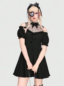 ROMWE Kawaii Spliced Mesh Puff Sleeve Cold-shoulder Neckline Bow Patch Dress - Black - View 4