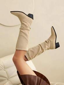 女性及膝靴,粗跟,多用途褶邊靴子 - 米色 - 查看 3